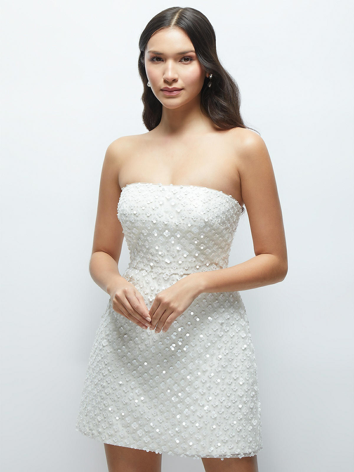 Pearl & Sequin Floret Strapless Mini Dress in Pearl | The Dessy Group