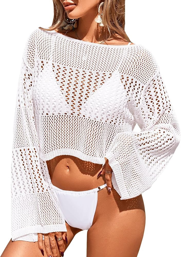 Womens Crochet Knit Cropped Beach Top Summer 2025 Off The Shoulder Long Bell Sleeve Bathing Suit ... | Amazon (US)