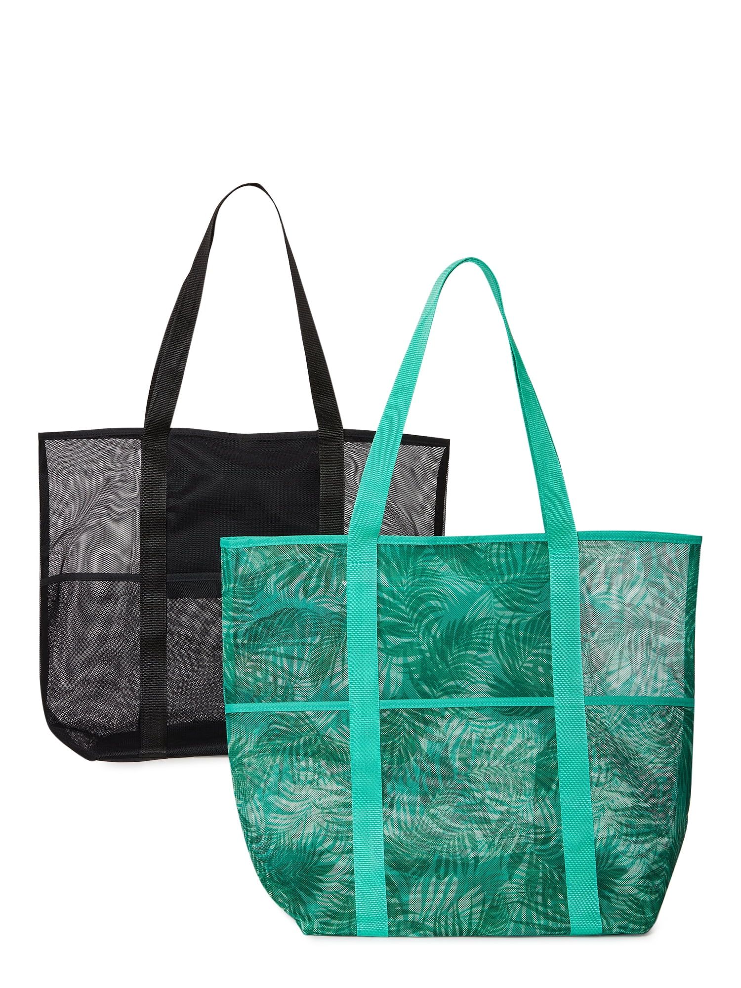 Time and Tru Women's Mesh Beach Tote Bag, 2-Pack Palm Mint Chip / Black | Walmart (US)