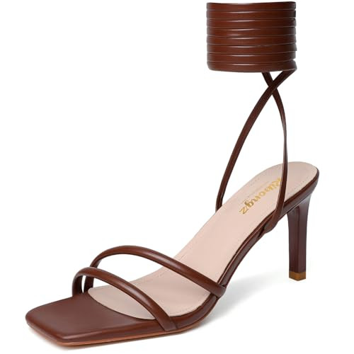 RIBONGZ Brown Strappy Heels for Women Lace Up Kitten Heeled Sandals Tie Up Square Open Toe Stiletto High Heel Ankle Strap Heels Sexy for Wedding Prom Party Comfortable Dressy Shoes 8 | Amazon (US)