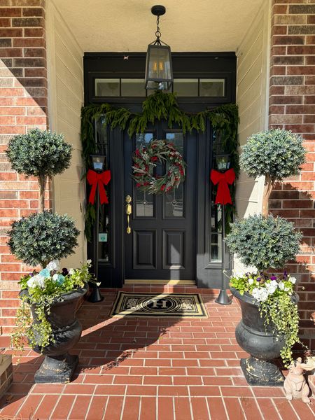 Holiday front door, Christmas front porch, lantern, solar, front gate door mat, faux topiary 

#LTKHoliday #LTKhome #LTKCyberWeek