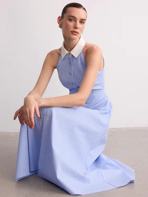 Collared Striped Sleeveless Buttoned Maxi Dress | Commense