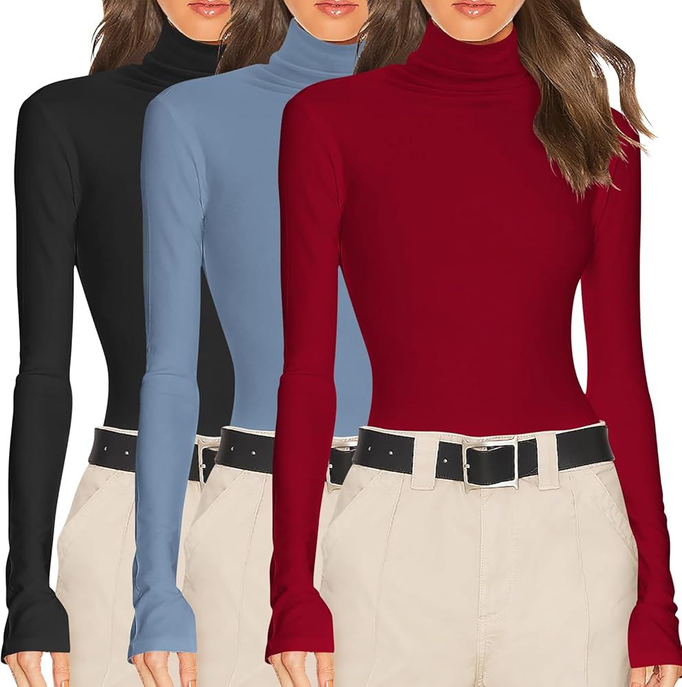 Ekouaer Women's 3 Pack Turtleneck Long Sleeve Shirts Slim Fit Thermal Underwear Tops Lightweight ... | Amazon (US)