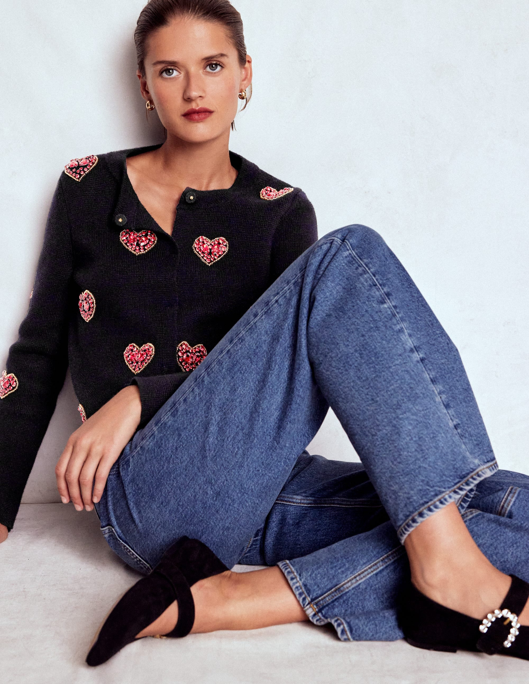 Jewelled Knitted Jacket-Black Hearts | Boden (US)