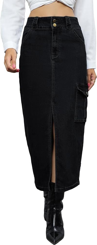 ETTELO Midi Women Denim Skirt High Waisted Slit Cotton Casual Stretch Long Jean Skirt for Women | Amazon (US)