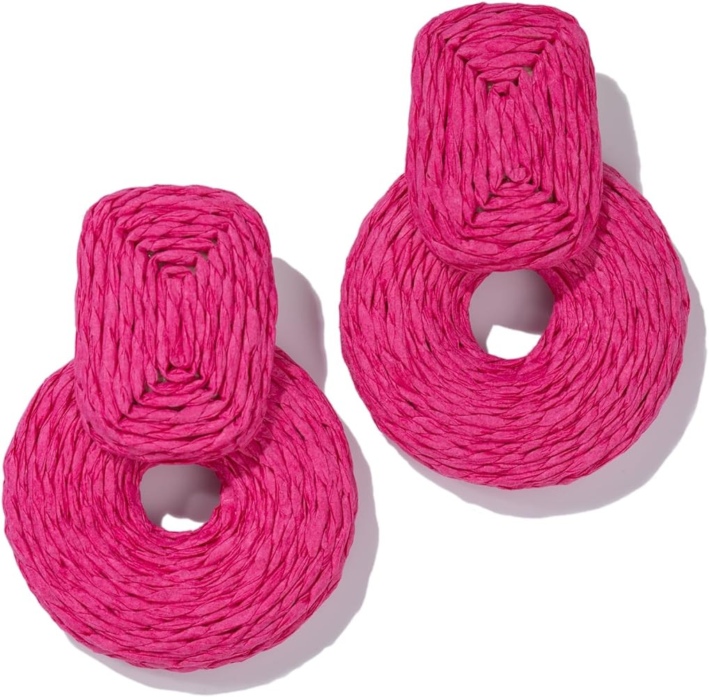 Statement Boho Rattan Dangle Earrings - Handmade Straw Wrap Summer Drop Dangling Earrings for Wom... | Amazon (US)