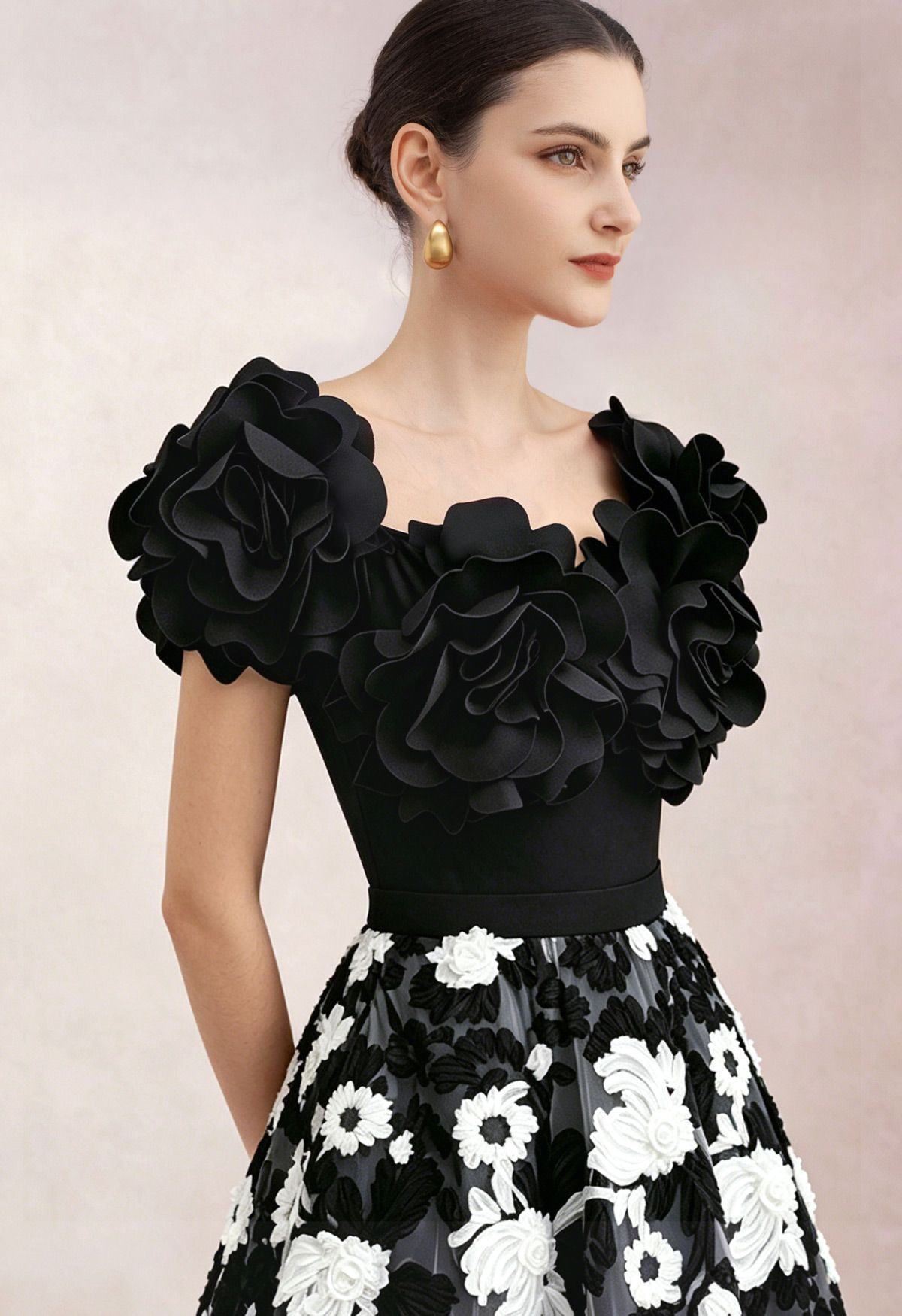 Statement 3D Ruffle Flower Swimsuit in Black for Resort Getaways & Beach | Chicwish