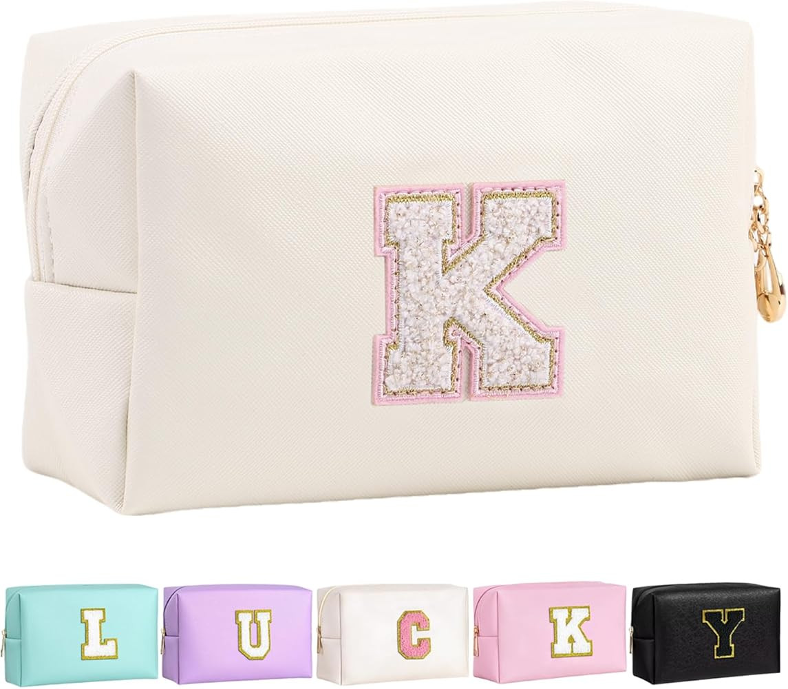 Personalized Initial Makeup Bag Cute Makeup Bag Chenille Letter Waterproof Zipper Cosmetic Bags f... | Amazon (US)