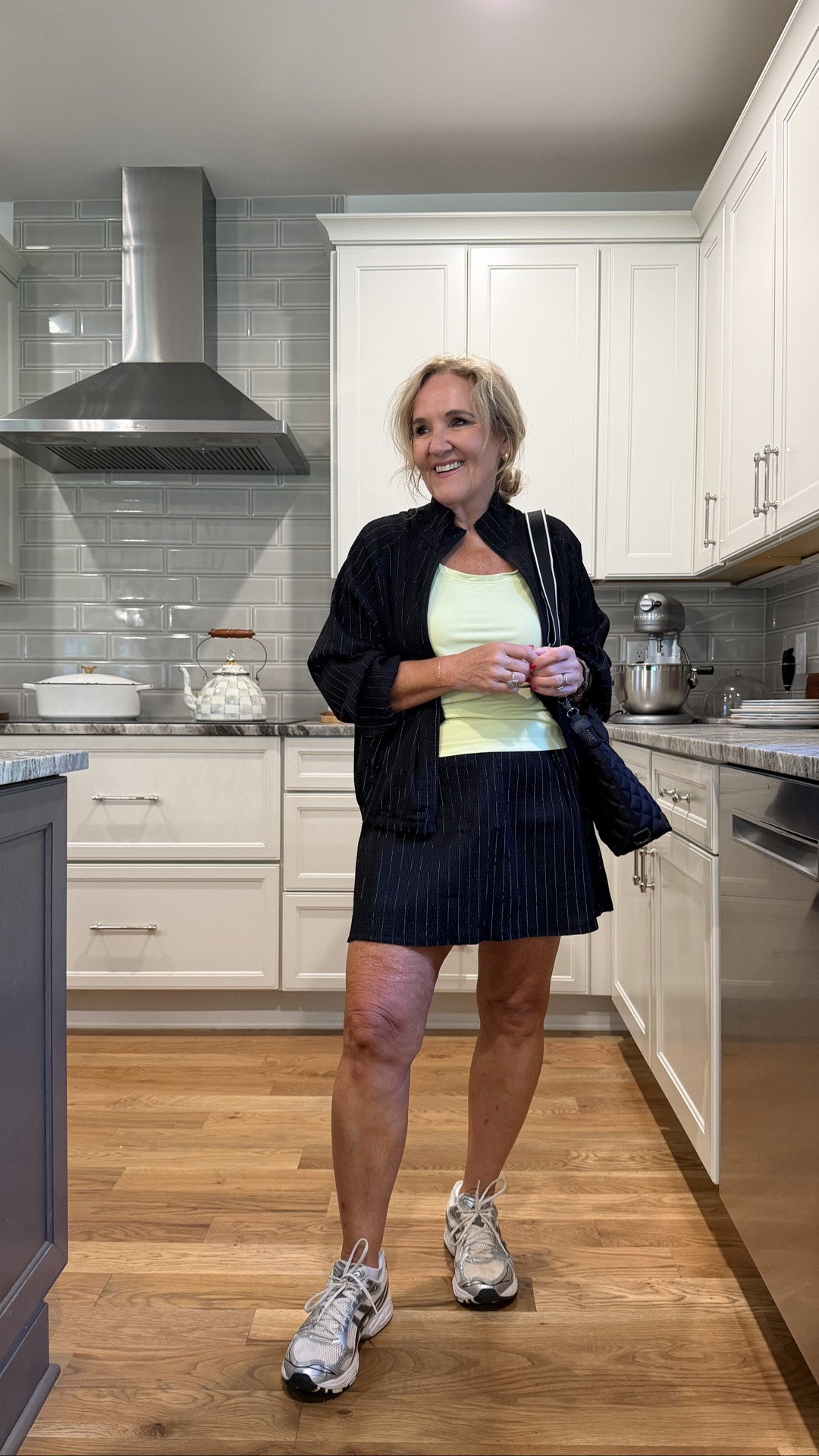 Spanx end of season sale pieces 
Skort and jacket are a lightweight crinkle fabric.
Jacket medium 
Skort large 
Tank size large 
Love these shoes. A bit more fashion than Hokas and lots of comfort.

#LTKSaleAlert #LTKOver40 #LTKActive