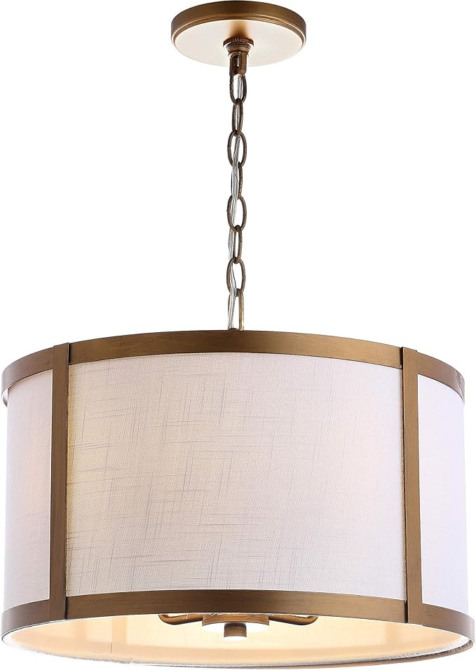 JONATHAN Y 17" Gold/White Metal LED Pendant Light for Kitchen Island, White Linen Drum Shade, Tra... | Amazon (US)