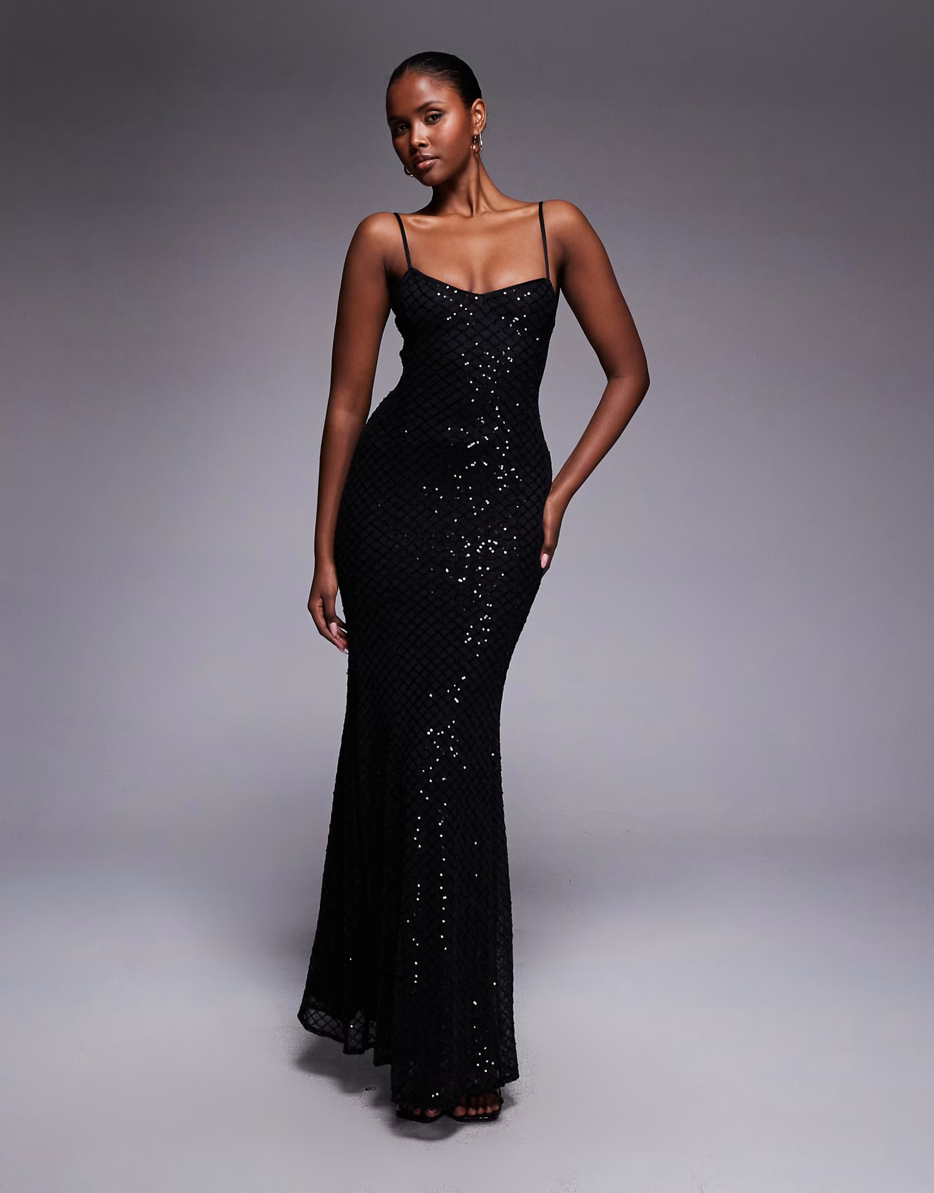 ASOS DESIGN embellished grid sequin lace up back maxi dress in black | ASOS (Global)