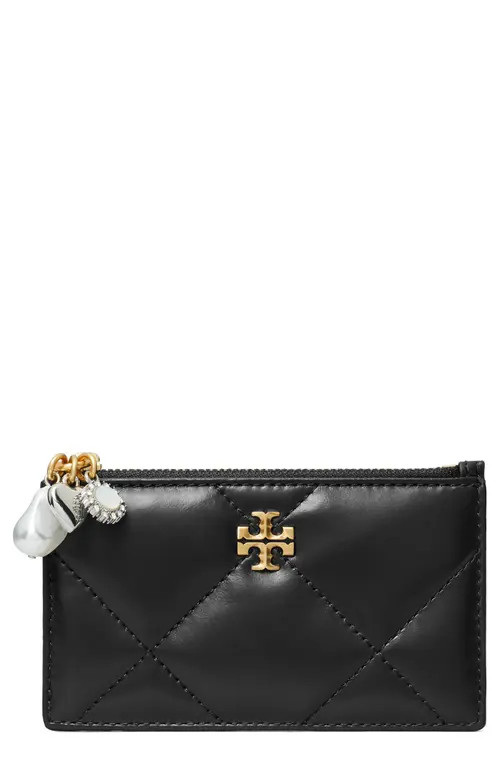 Tory Burch Kira Charm Diamond Quilted Leather Zip Card Case in Black at Nordstrom | Nordstrom
