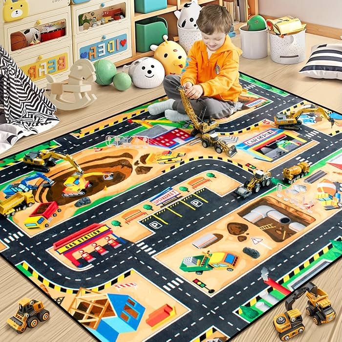 Kids 4x6 Ft Construction Site Play Rug, Baby Play Mat, Tufted Wool & Rubber, Non-Slip, Stain & Fa... | Amazon (US)