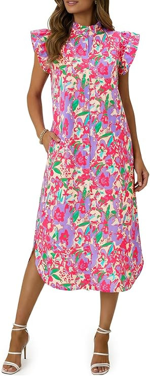 Wenrine Womens Summer Button Down Shirt Dress Casual Floral Rufffle Cap Sleeve Loose Beach Boho M... | Amazon (US)