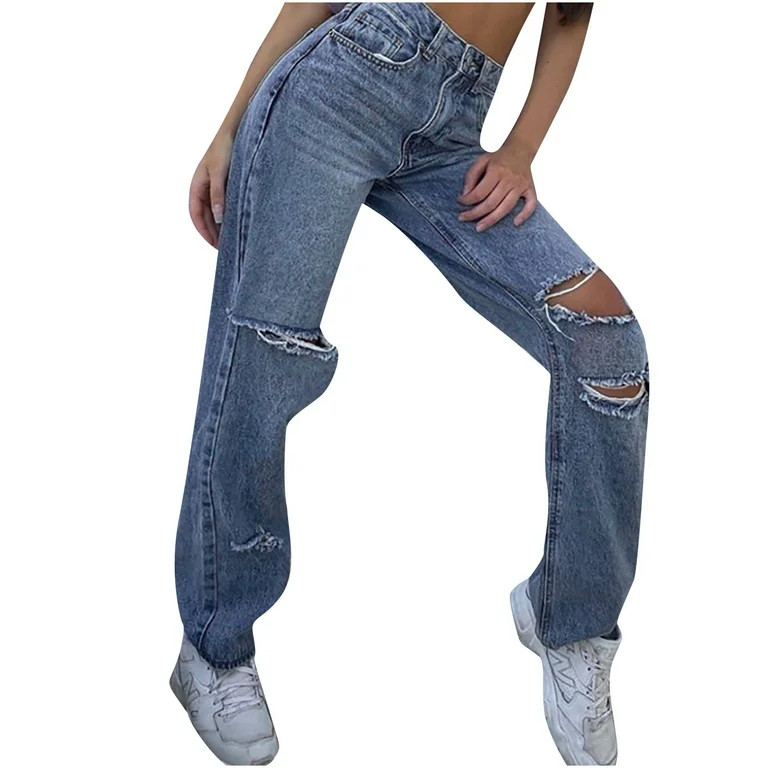 QISIWOLE Women's Loose Fit Mom Jeans High Waisted Ripped Straight Leg Boyfriend Denim Pants Baggy... | Walmart (US)