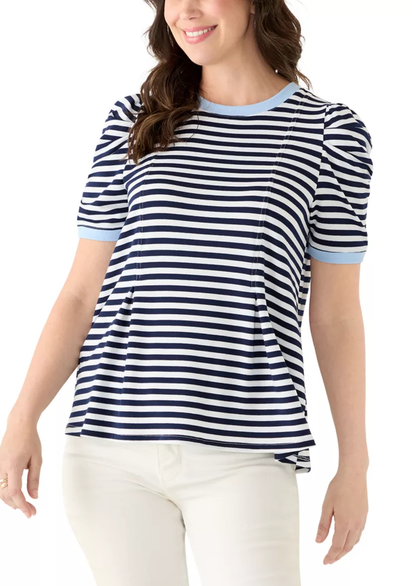 Women's Short Puff Sleeve Pleated Striped Top | Belk