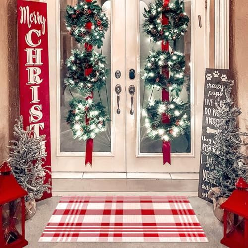 Christmas Rugs Red and White Plaid, 28 x 43 Inches Area Rug Outdoor Indoor Front Porch Doormat Co... | Amazon (US)
