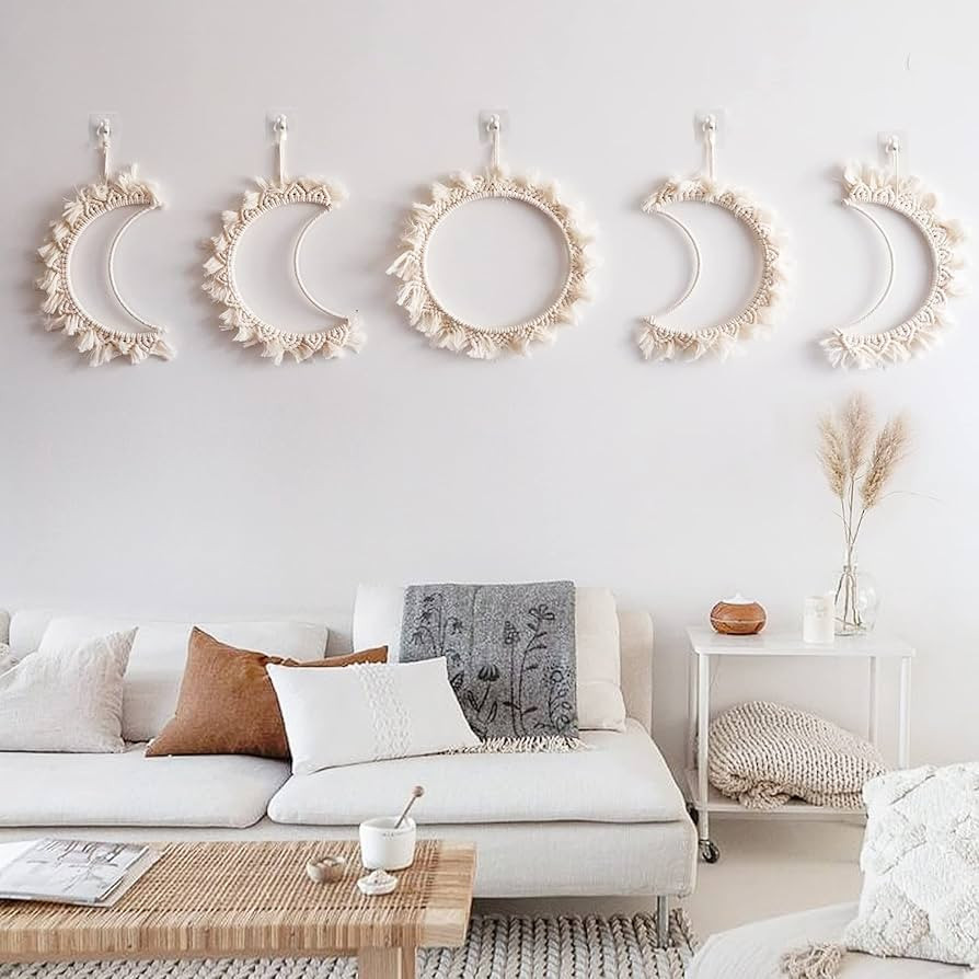 5PCS Boho Moon Phase Decor, Unique Elegant Tapestry,Macrame Wall Hanging aesthetic,White Cotton C... | Amazon (US)