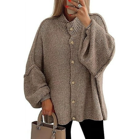 PRETTYGARDEN Women's Winter Button Down Cardigan Sweaters Mock Neck Lantern Long Sleeve Chunky Knit Jacket Trendy Outerwear | Walmart (US)