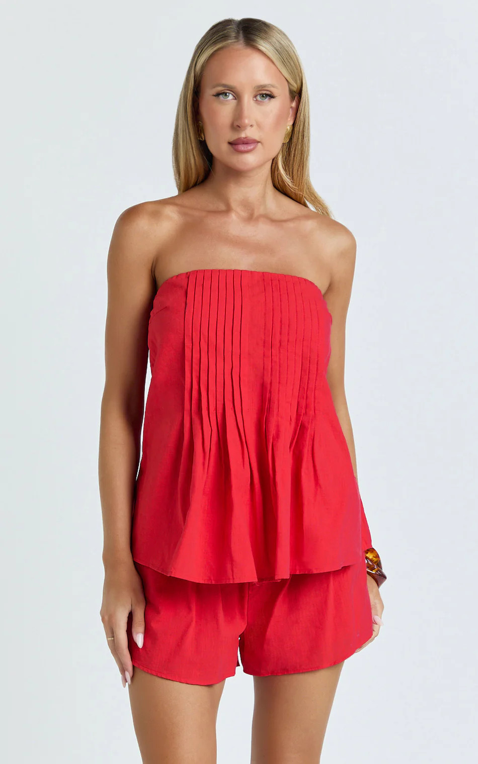 Mardie Two Piece Set - Pin Tuck Strapless Top and Short Set in Red | Showpo (ANZ)