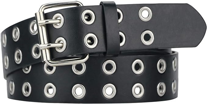 Grommet Leather Belts for Women, Black Belt Women Men with Double Holes | Amazon (US)