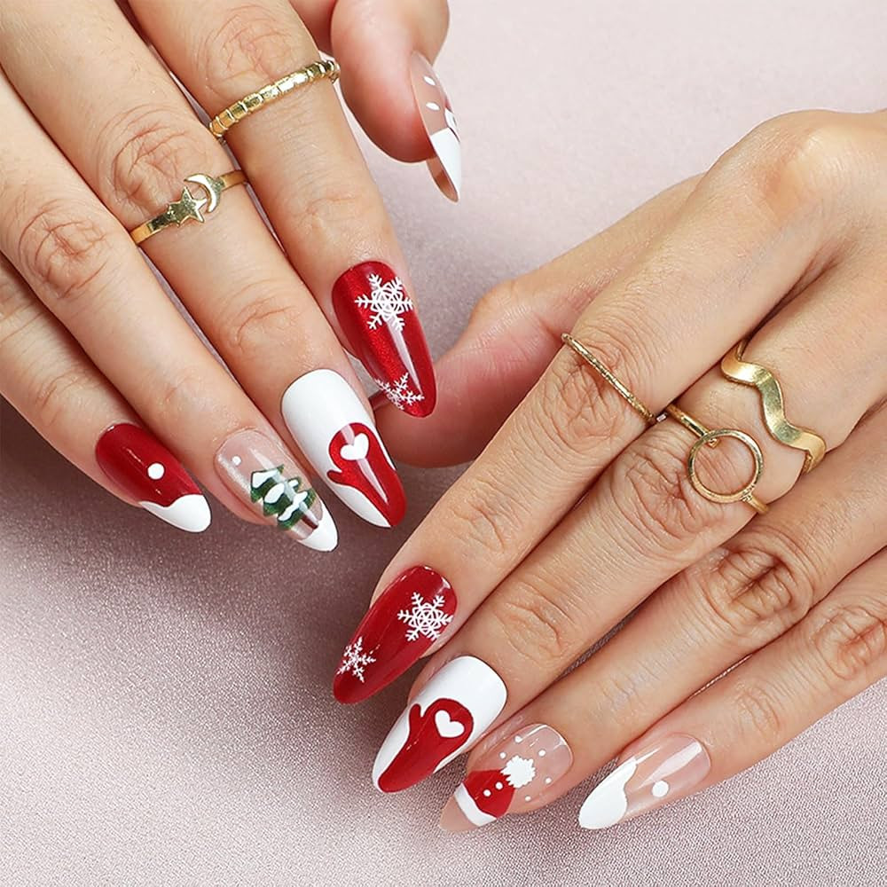 Christmas Press on Nails - Medium Almond Red French Tip Fake Nails Cat Eye False Nails with Desig... | Amazon (US)