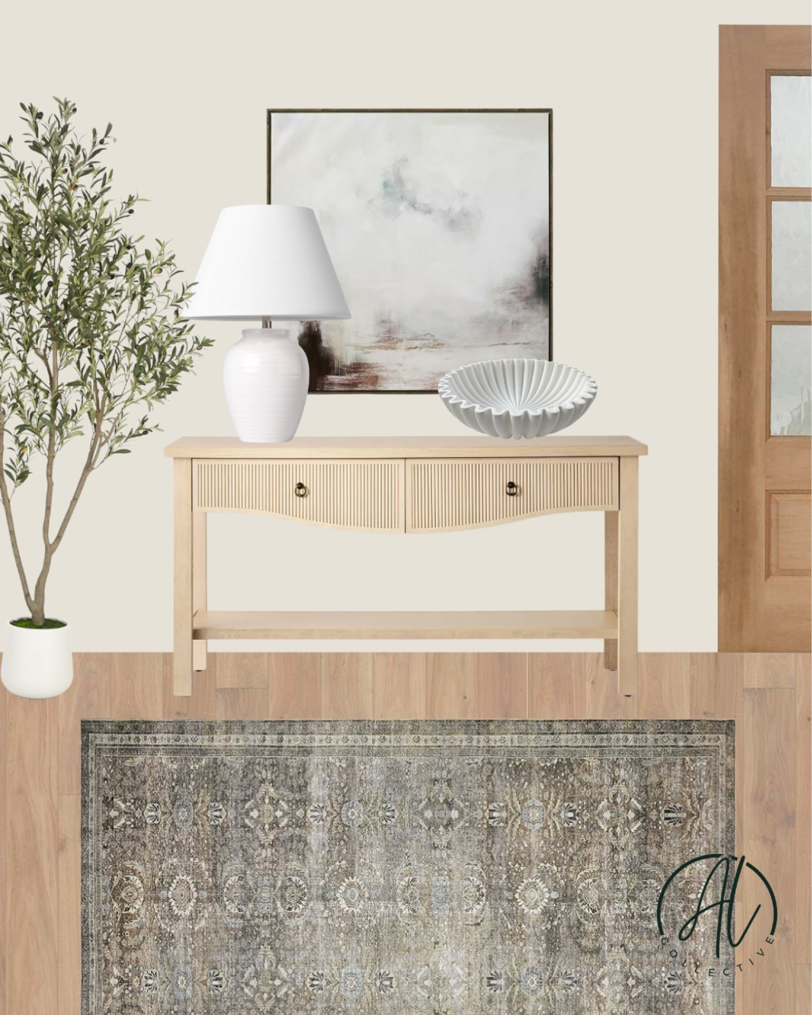 Foyer design. Home decor. Neutral home. Console table. Area rug. Runner. Decorative bowl. Table lamp. Wall art. Olive tree. Mood board  

#LTKFamily #LTKHome