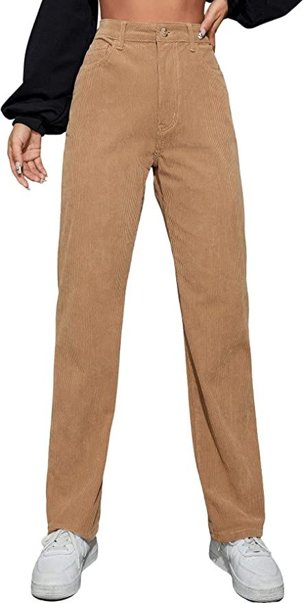 SweatyRocks Women's Casual High Waisted Corduroy Pants Straight Leg Long Pants with Pocket | Amazon (US)