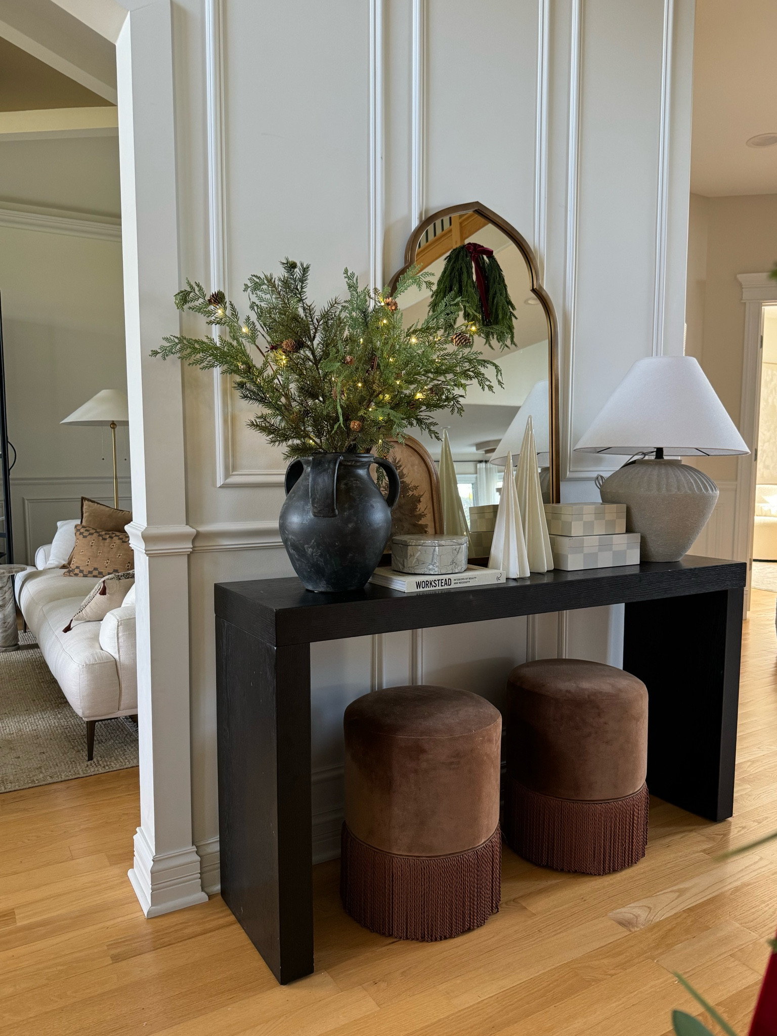 Holiday entryway inspo! I found the prettiest pre-lit stems under $10 and love how they look here. 

#LTKSeasonal #LTKHome #LTKHoliday