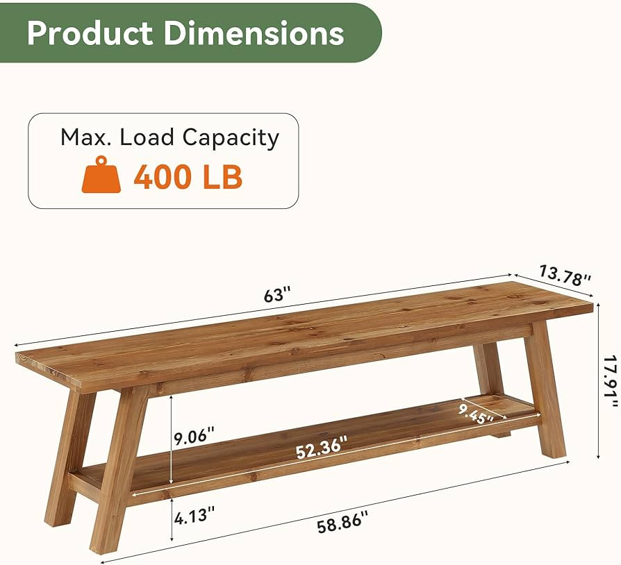 Solid Wood Entryway Bench with Shoe Storage Shelf, 62.99" Long Rustic Hallway Shoe Bench, Natural... | Amazon (US)