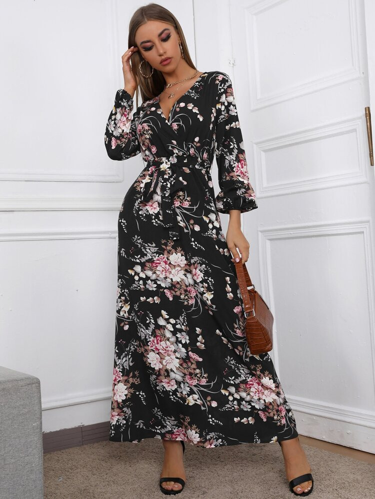 SHEIN Surplice Neck Self Belt Floral Maxi Dress | SHEIN