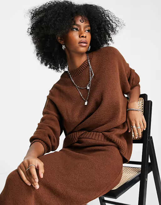 ASOS DESIGN oversized sweater in crew neck and knitted midi skirt set in brown | ASOS | ASOS (Global)