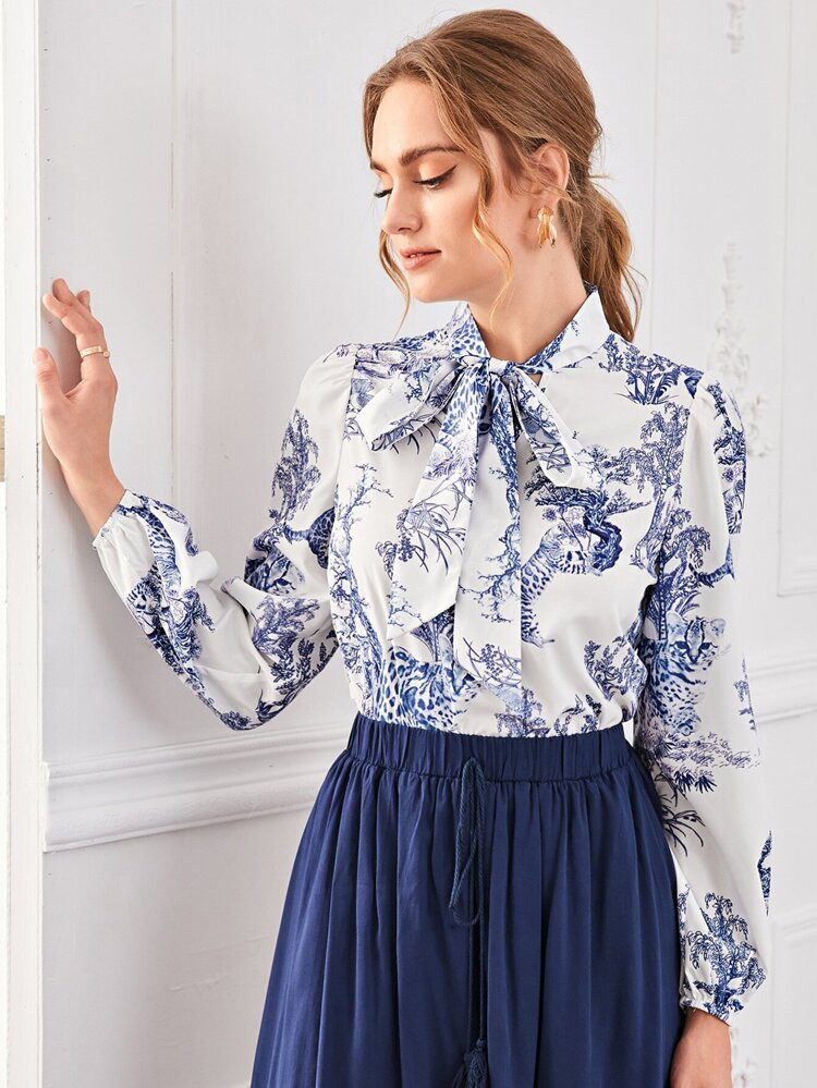 SHEIN Tie Neck Landscape Print Top | SHEIN