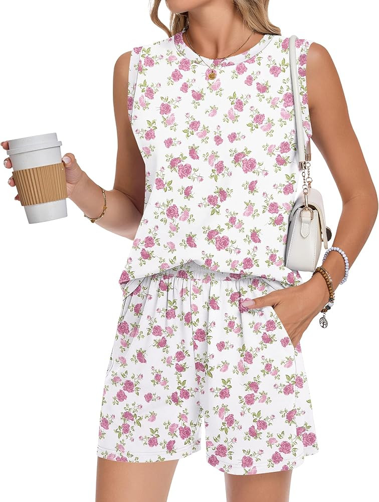 AUSELILY 2 Piece Sets for Women 2026 Summer Casual Crew Neck Sleeveless Pleated Shorts Set Resort... | Amazon (US)