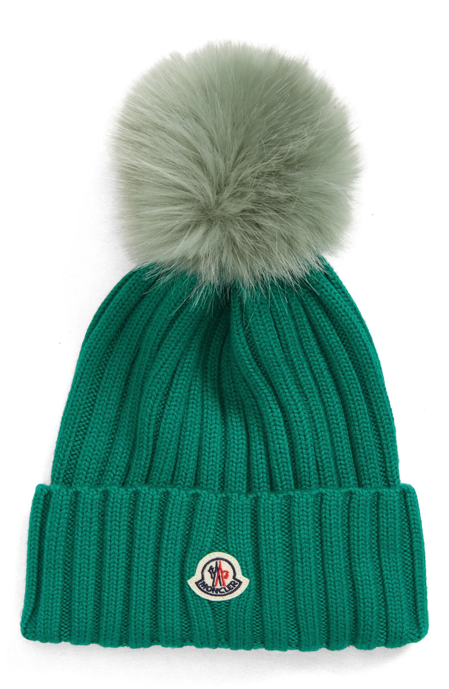 Moncler Wool Rib Beanie with Faux Fur Pompom | Nordstrom | Nordstrom