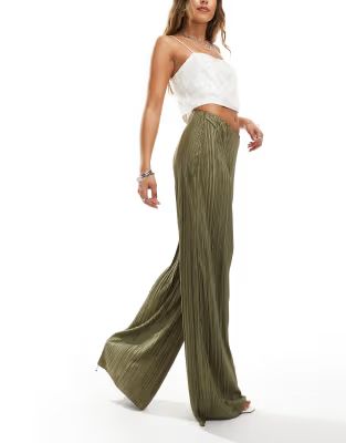 ASOS DESIGN high waist plisse straight leg pants in soft khaki | ASOS (Global)