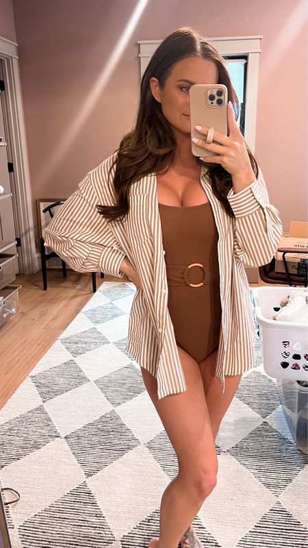 OLD NAVY BABY!!! Can we make classy baddie a thing please? BC that’s what I feel like in this. Trending crochet brown swimsuit with an oversized strip button down  perfect for a beach vacation or the pool this summer. Grab it while you can. Old navy stuff sells out! 

#LTKunder50 #LTKFind #LTKtravel