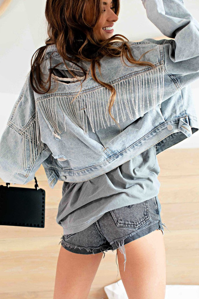Rhinestone Fringe Denim Jacket - AS SEEN ON MICHELLE from VB! | Glitzy Bella