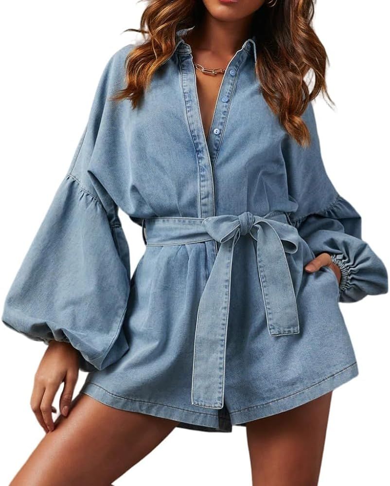 Women's Casual Denim Romper Belted Lantern Sleeve Jean Jumpsuits with Pockets | Amazon (US)