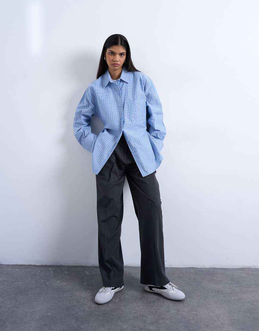 Topshop darted cuffed oversized shirt in blue stripe | ASOS (Global)