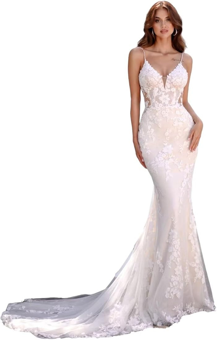 Lace Wedding Dresses for Bride 2025 V Neck Mermaid Bridal Gowns Applique Boho Beach Wedding Gowns... | Amazon (US)