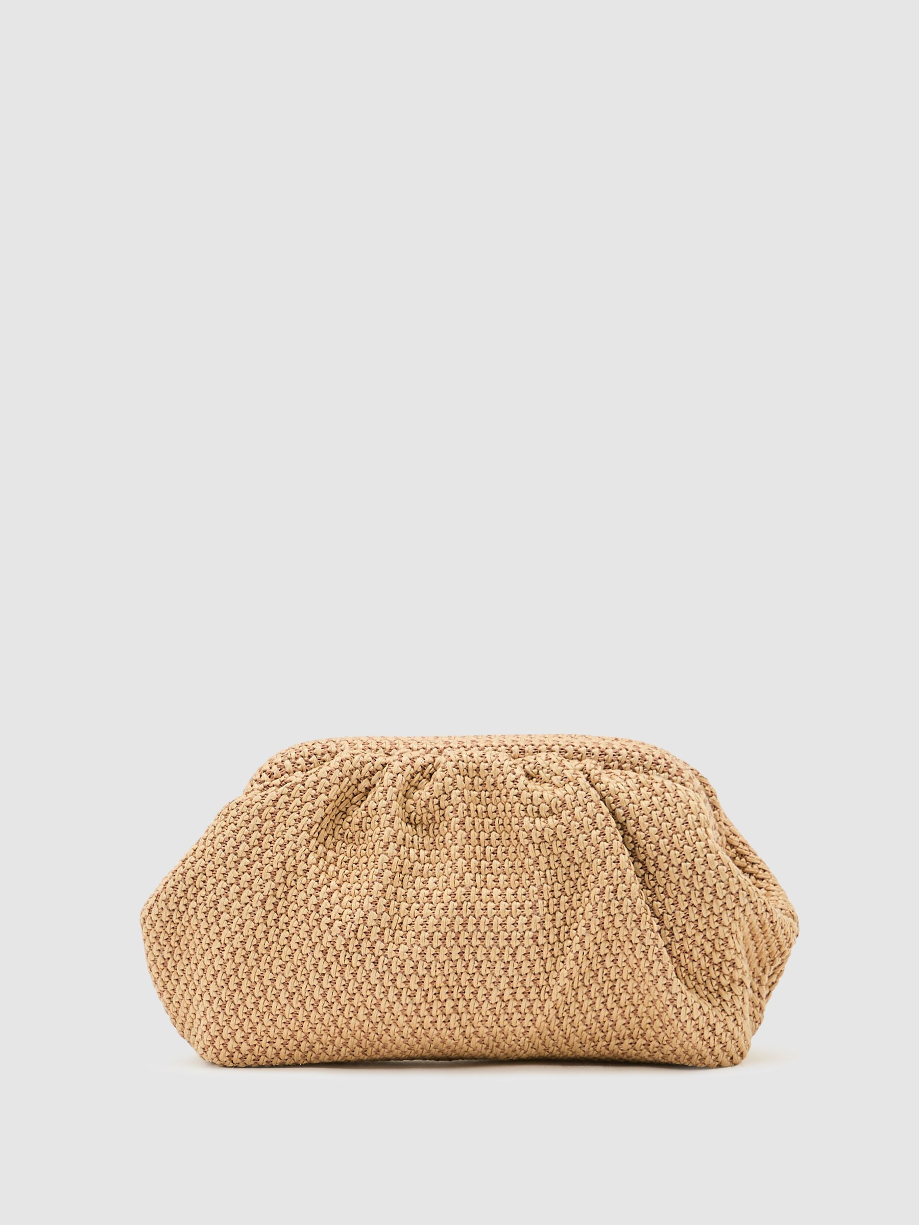 Reiss Raffia-Effect Ruched Clutch Bag in Natural - REISS | Reiss UK