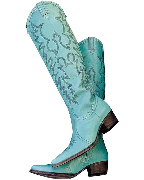 Women Pink Cowboy Boots Mid Calf Cowgirl Boots Sky Blue Western Boots Embroidered Suede Boots Pul... | Amazon (US)