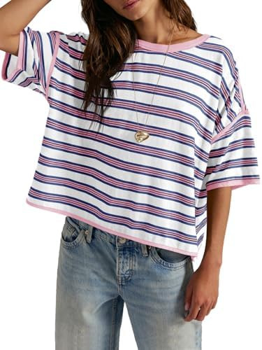 Tankaneo Womens Oversized Striped T-Shirts Summer Casual Color Block Short Sleeve Tops Drop Shoul... | Amazon (US)