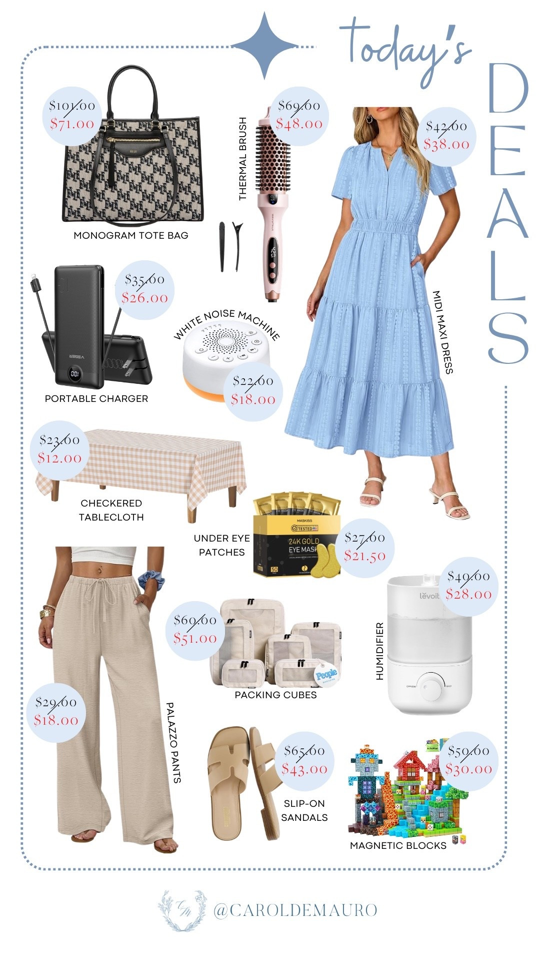 Catch today’s fashion and home deals! Score a new midi maxi dress, palazzo pants, a monogram tote bag, slip-on sandals, a thermal brush, under-eye patches, a checkered tablecloth, a white noise machine, packing cubes, and more.

spring dress, vacation outfit, fashion accessories, beauty tools, skincare routine, travel essentials, home must haves, magnetic blocks

#LTKSaleAlert #LTKootd #LTKSeasonal