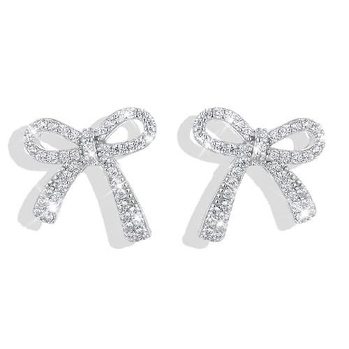 Silver Bow Earrings for Women Trendy Sparkly Rhinestone Chain Tassel Earrings Cute Ribbon Stud Earring Daily Party Jewerly Gifts Christmas Stocking Stuffers | Amazon (US)