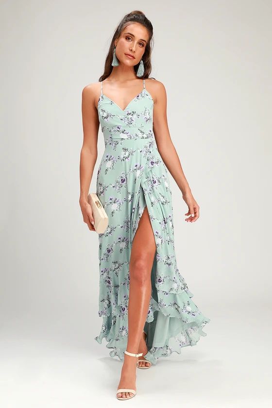 In Love Forever Sage Green Floral Lace-Up High-Low Maxi Dress | Lulus