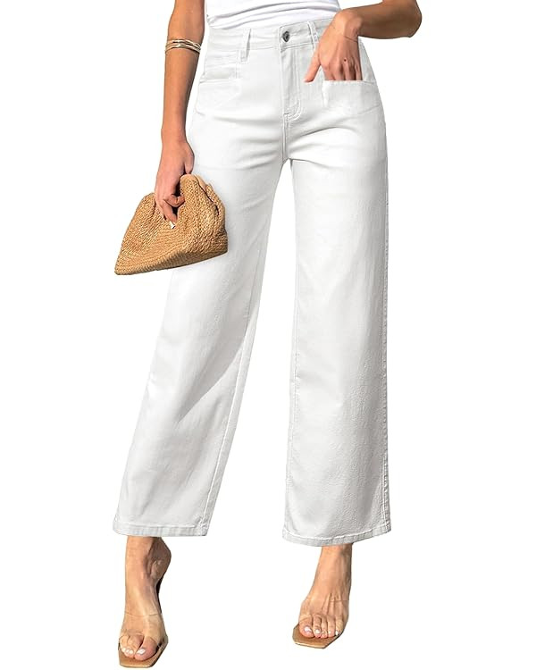 Sidefeel Women's Straight Leg Jeans High Waisted Stretchy Jeans Zimbaplatinum Wide Leg Ankle Deni... | Amazon (US)