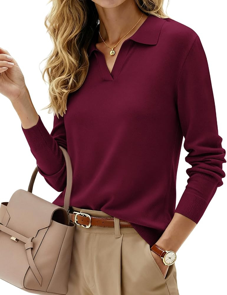 Kate Kasin 2025 Women's Wool Blend Sweaters, Long Sleeve Polo Shirts, V Neck Knitted Fall Tops | Amazon (US)