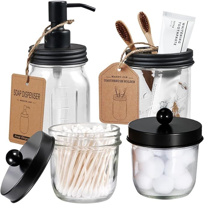 Mason Jar Bathroom Accessories Set(4 Pcs) -Lotion Soap Dispenser &Cotton Swab Holder Set &Toothbr... | Amazon (US)